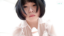 Lips pursed short hair wearing see through top