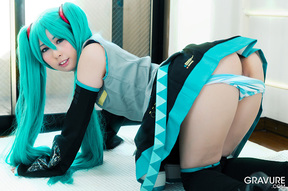 Miku Oguri in cosplay outfit flashing panties and shaved pussy