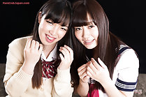 Students Aoyama Kanon and Aino Neko with cum covered hands raised wearing their uniforms