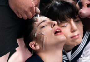 Kogals Scott Kristen and Mary in uniform receiving bukkake facials