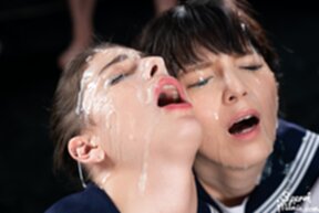 Kogals Scott Kristen and Mary in uniform receiving bukkake facials