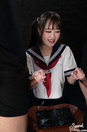 Kogal Kurumi Ria kneeling giving handjobs milking cocks and cum on hands