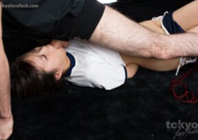 Gym class girl Arisaka Mio on her knees face fucked and facial cumshot