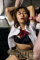 Arms raised cock poised at her face shirt open wearing black bra